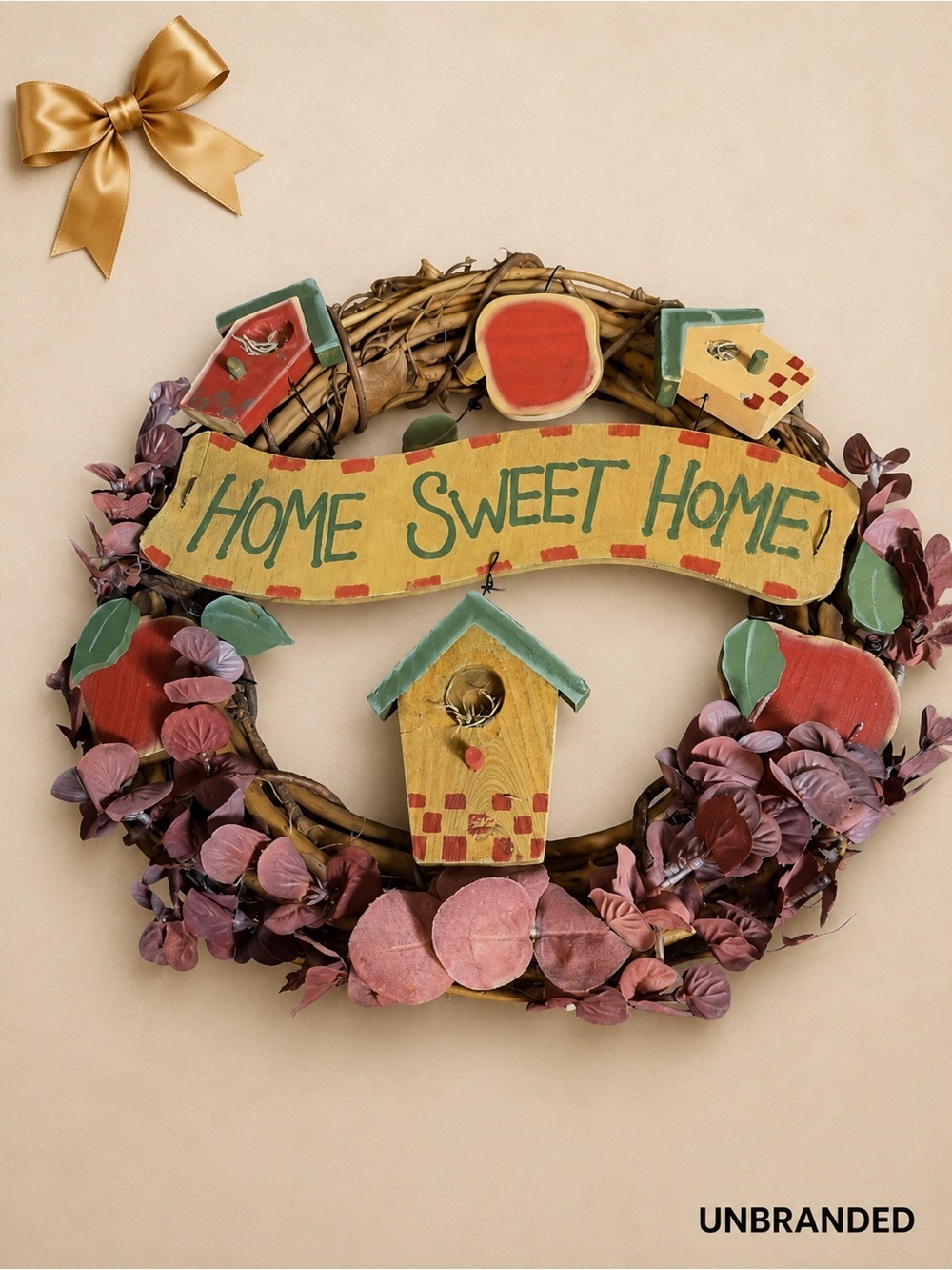 Home Sweet Home Wreath with Birdhouses, Apples & Rustic Grapevine Base 14x14 in